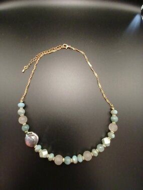 Blue and Pink Pearl Charm Necklace Adjustable Gold Chain